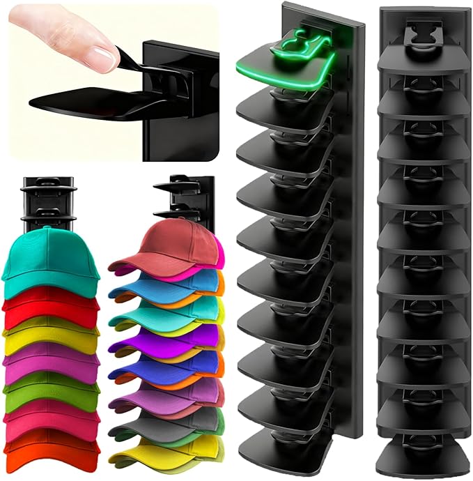 2Pack Hat Organizer for Baseball Cap with Locking Tech, Hat Rack Strong Adhesive Hat Hooks for Wall Hold Up to 20 Hats, Multi-layer Hat Storage Display for Door, Bedroom, Closet - Black