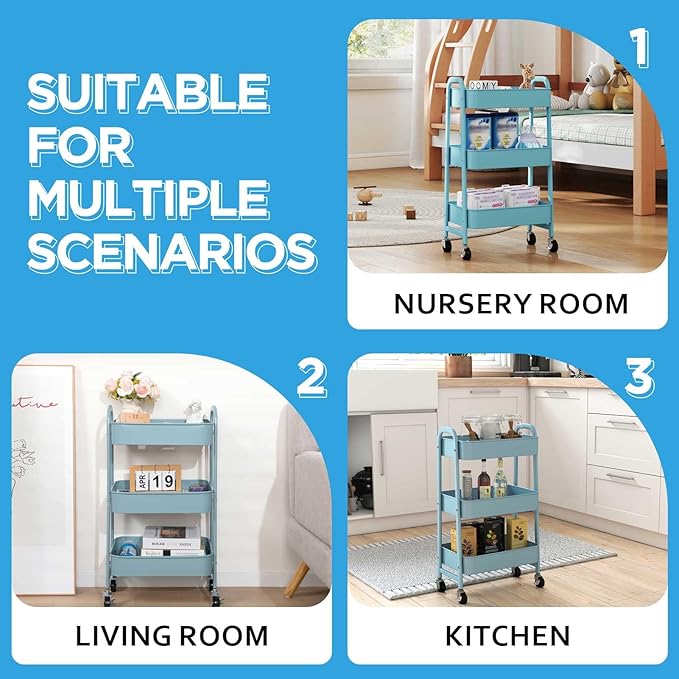 AGTEK 3 Tier Utility Rolling Cart with Lockable Wheels, Metal Multifunctional Storage, Organizer Cart for Kitchen, Office, Living Room, Makeup, Craft, Art Studio, Light Blue