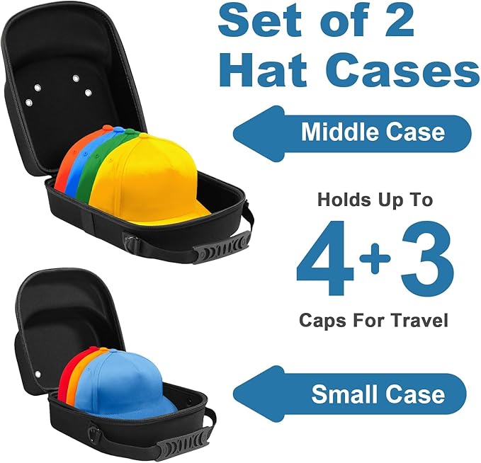 2 PCS Hard Hat Travel Cases for Baseball Caps - Crush Proof Cap Carrier for 7 Hats, Hat Storage Organizer with Adjustable Shoulder Strap, Trolley Sleeve and Handle, for Travel & Home Use