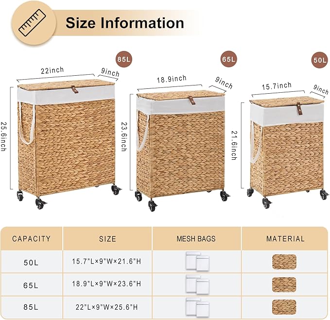 Rolling Laundry Hamper with Lid and Wheels, Slim Laundry Basket with Removable Liner Bag & 2 Mesh Bags, Handwoven Water Hyacinth Clothes Hamper for Bedroom Bathroom (Natural, 50L)