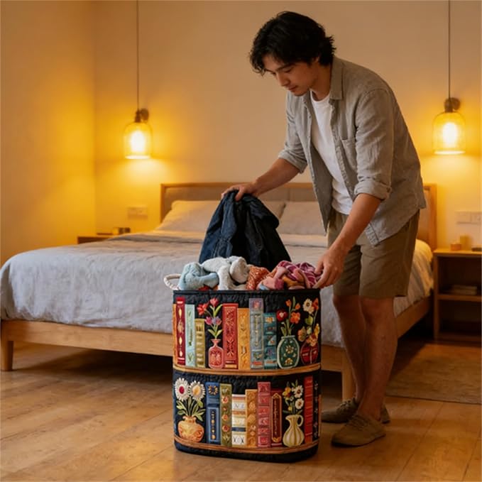 Quilted Laundry Basket, Quilted Laundry Basket with Handles, Boho Fabric Floral Storage, For Bedroom Laundry (#02, 20"L x 20"W x 28"H)