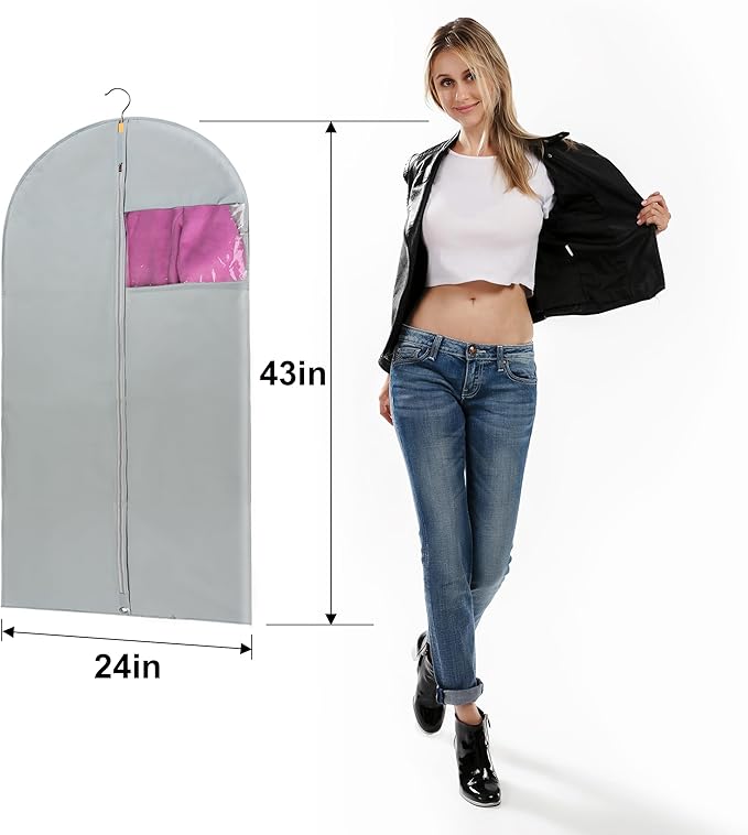 Garment Bags for Hanging Clothes Cover, Clear Window Suit Bags with Foldable Design for Closet Storage and Travel - 24" X 43"/ 4 Pack