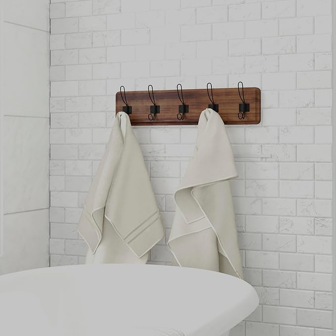 HBCY Creations Dark Wash Brown Rustic Coat Rack Wall Mount with 5 Hooks, Solid Pine Wood 24 inch Wall Hooks for Entryway, Mudroom, Hallway, Bathroom - Vintage Farmhouse Style Wall Mounted Towel Rack