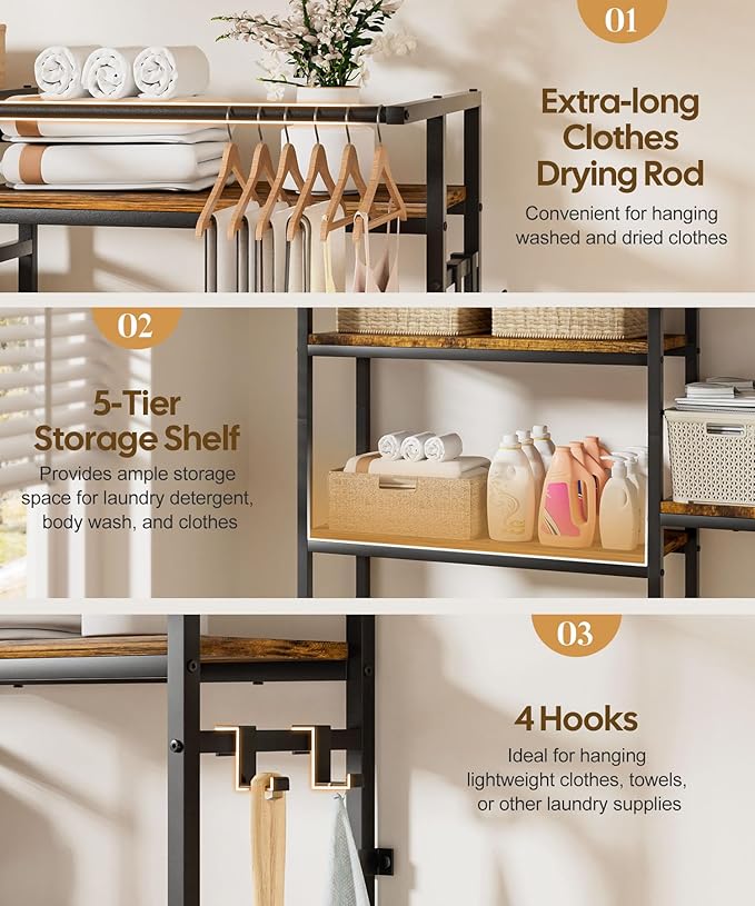 Homde Over The Washer and Dryer Storage Shelf, 5-Tier Heavy Duty Laundry Room Organizer Standing Shelf with Hanger Rod & Anti-Tip, Space Saving Rust Proof Shelving for Bathroom, Balcony