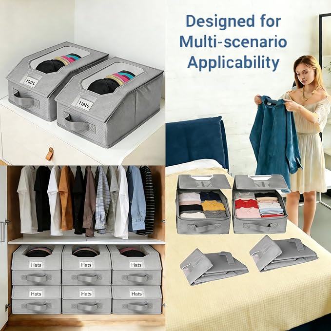 2 Pcs Stackable Baseball Cap Organizer, Washable Odorless Oxford Cloth with Smooth Durable Metal Zipper, Clear Window Holds 24 Caps, Hat Box for Closet/Home (Grey, Small 12.1 x 8.7 x 6.7 inches)