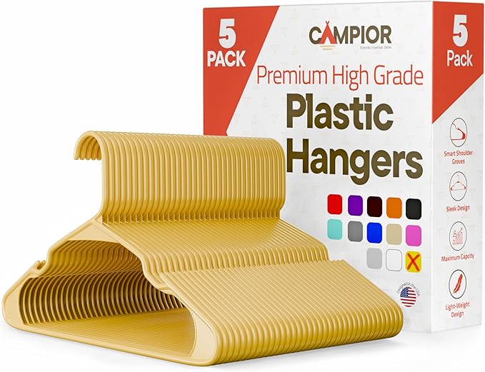 Plastic Clothes Hangers – Heavy Duty Hanger Set, for Organizing Clothes, Dresses, and Coat, Holds Up to 5 lbs, Space-Saving Hangers with Non-Slip Shoulder Grooves, Pack of 5, Yellow