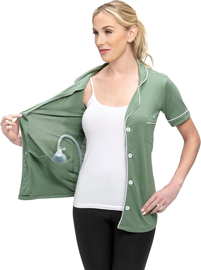 USBD Post Mastectomy Shirt with Drain Pockets Lapel Collar Post Op Button Down Recovery Tops