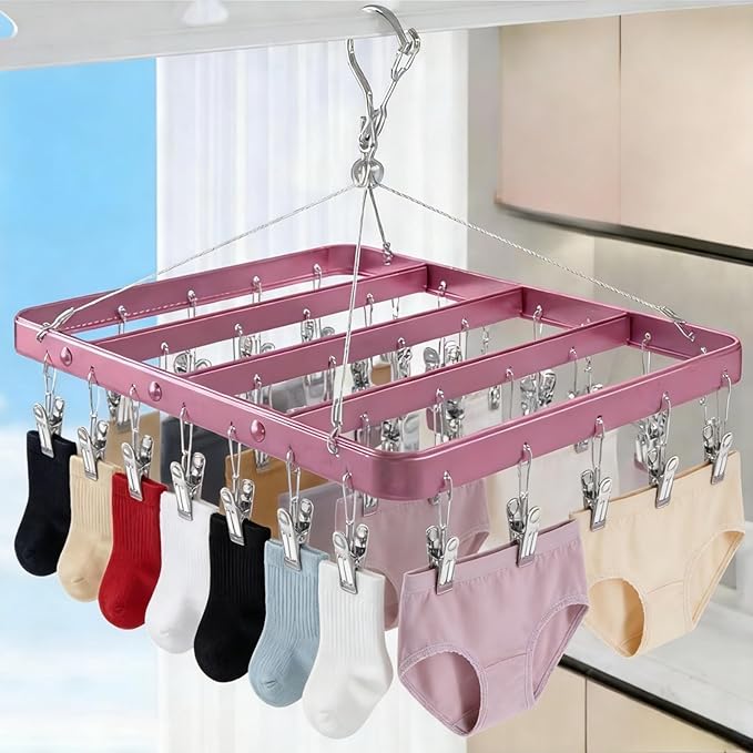 Clothes Drying Racks Clip Hangers Metal with 36 Clips Windproof Hook Underwear Hanger Foldable Laundry Clip for Socks Bras (Pink)