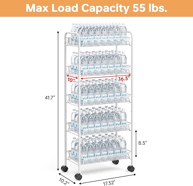TOOLF 5-Tier Rolling Cart, Metal Utility Cart with 3 Hooks, Easy Assemble Mobile Storage Trolley On Wheels, Metal Shelving Units Kitchen Bathroom Laundry Room
