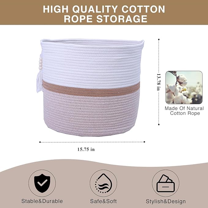 Cotton Rope Storage Bin,Natural Handmade Woven Hamper for Living Room,Blanket Basket for Clothes, Pillows, Towels (brown, 55L)