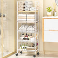 5-Tier Bathroom Storage Shelf, Mobile Metal Free Standing Shelving Unit with Wheels, Towel Rack Organizer with M-Shaped Detachable Dividers & 4 S-Hooks, Rolling Cart for Bathroom Laundry Kitchen,White