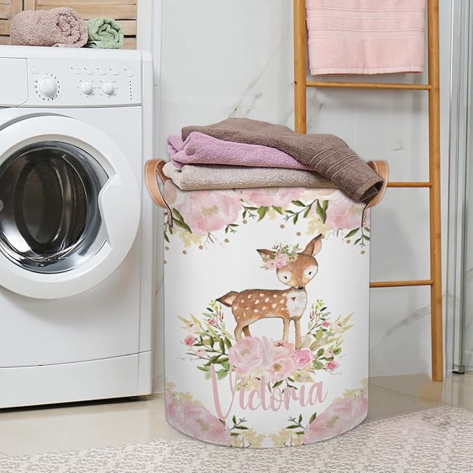 Personalized Laundry Basket, Custom Gift Laundry Hamper, Collapsible Nursery Waterproof Laundry Baskets, Dirty Clothes Toy Hamper with Handles Pretty Deer Woodland Forest