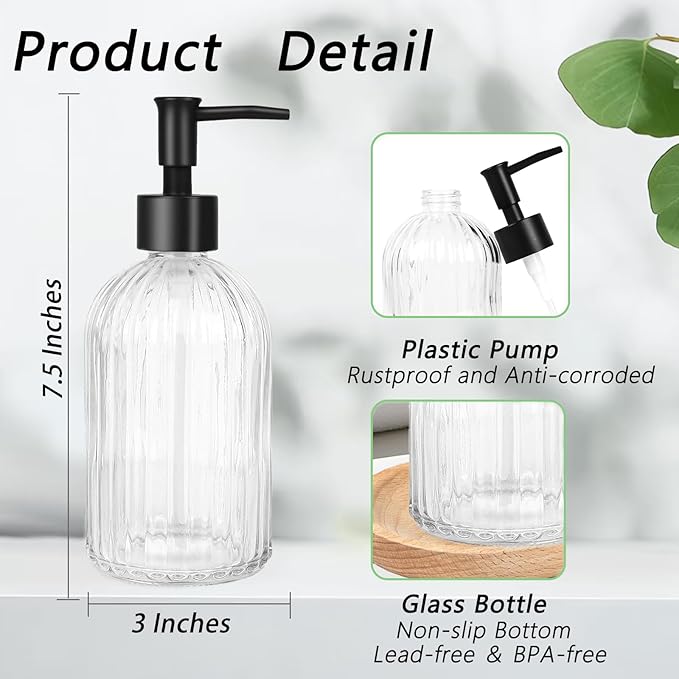 Clear Glass Soap Dispenser with Pump, 13.5oz Glass Striped Hand Soap Dispenser, Refillable Hand Liquid Dispenser Set for Modern Home Decor, Bathroom, Kitchen Countertop, Dish Soap, Lotion (2 Pack)