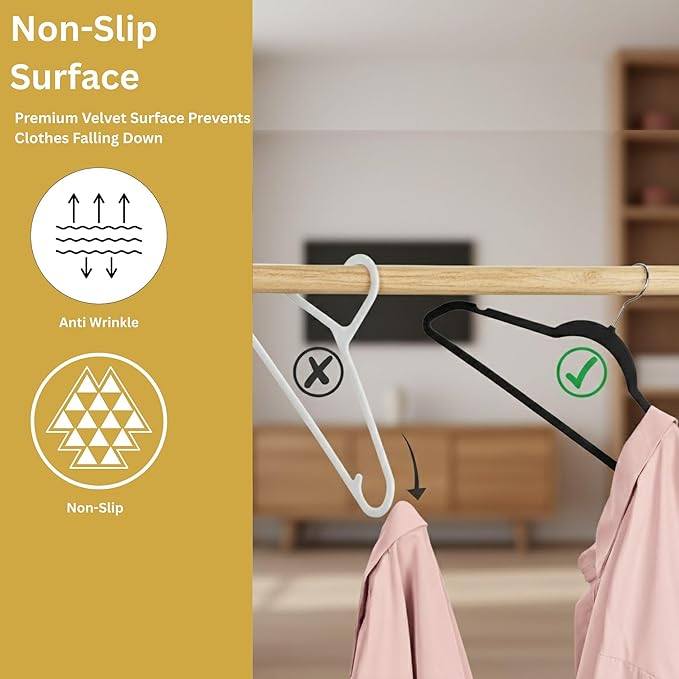 Essenziale (Essential) Luxe Premium 10 Pack Black Velvet Clothes Hangers 360° Rotating Silver Hook Slim Non-Slip Clothes Hangers for Pants, Suits, Coats & Shirts Strong Space-Saving Closet