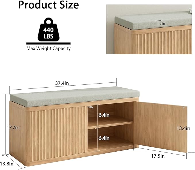 Double Layered Shoe Cabinet with Bench,Wooden Shoe Bench with Soft Cushion,Double Door without Handle Pressing Spring,Fluted Panel,Suitable for Entrance,Corridor and Living Room (Shoe Bench-Light Oak)