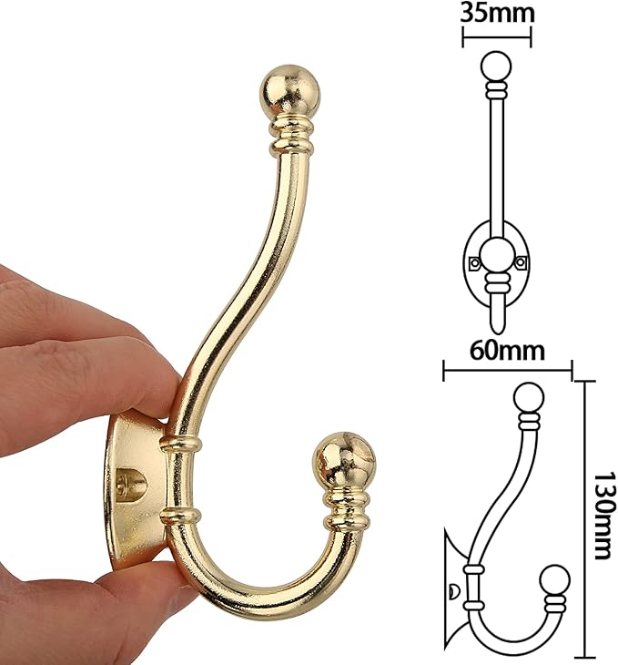 HASWARE 6 PCS Double Prong Robe Hook, Large Dual Coat Hooks with 12 Pieces Screws Wall Mounted Hooks Robe Antique Hooks Hangers Heavy Duty for Home Coats Hat Clothes Hanger Towel Keys (Bright Brass)