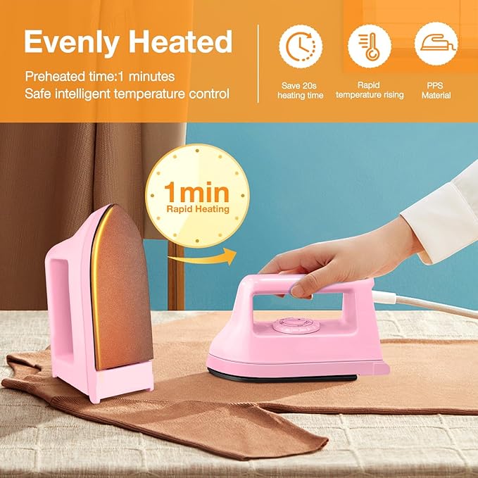 Mini Iron for Crafts Quilting, Travel Iron Household Iron Easy Iron Supplies Mini Electric Iron, Mini Heat Press Machine Sewing Sachine (Pink)