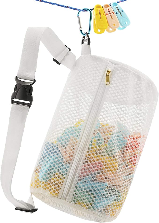 Honeycomb Mesh Zippered Clothespin Bag for clothesline, Waist Pack Many Ways to Wear, Breathable Fabric, Large Opening, Large-Capacity, Hanging Clothespin Holder Bag Storage Organizer with Hooks