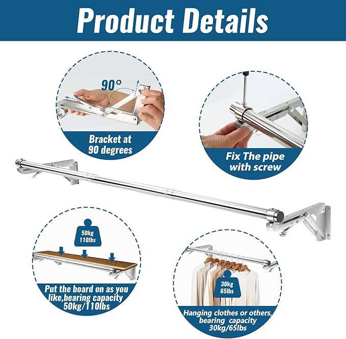 Foldable Wall Mounted Clothes Rack-44'' Long Rod&2 Bases,Stainless Steel, Heavy Duty,Detachable,Multi-Purpose for Space-Saving Garment Rack/Clothes Drying Rack/Plant Hanger,Top Shelf Room Reserved