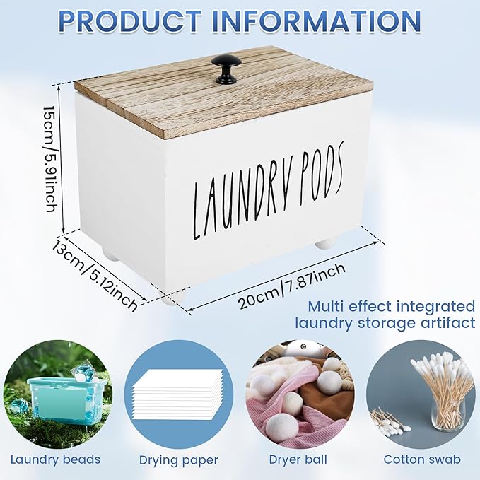 Laundry Pods Container, Farmhouse Laundry Pod Holder, Dryer Sheet Dispenser Laundry Wooden Box Container, Wooden Pods Caddy with Lid for Laundry Room Accessories Organization Decor Dispenser (White)