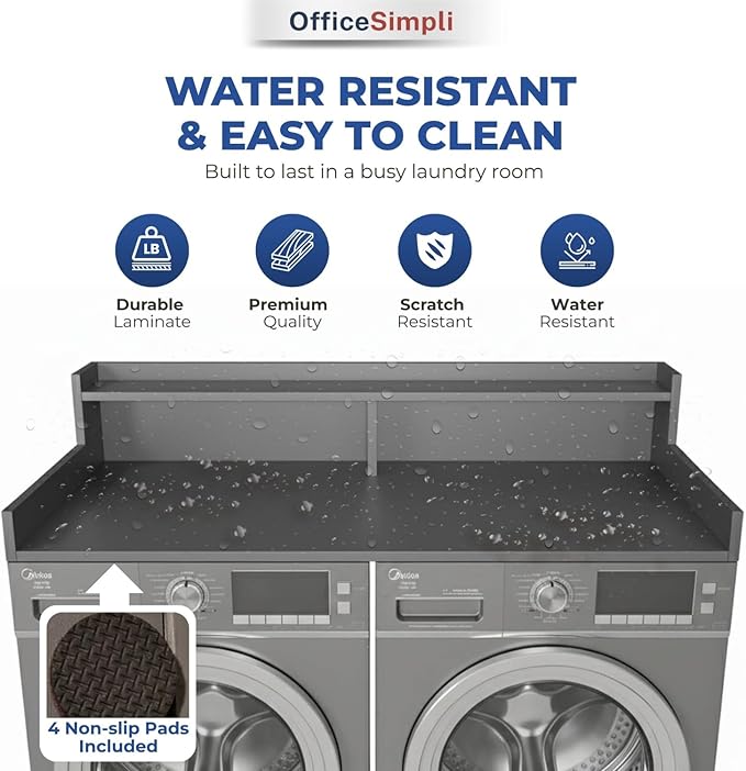OfficeSimpli Large Washer Dryer Countertop with Shelf - 30 x 58 Inch - Made in USA Laundry Countertop Over Washer and Dryer with Non-Slip Pads, Storage Shelf, Laundry Topper Organizer, Grey