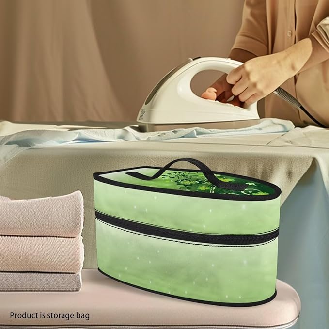 Green Lucky Leaves Design Iron Storage Case Protective Carrying Bag with Zipper Handle Portable Universal for Most Iron