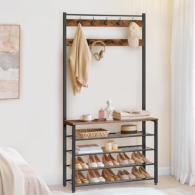 HOOBRO Hall Tree, Coat Rack with Shoe Rack, 39.4” Hall Tree with Bench, 5 Tier Shoe Storage Organizer with 9 Hooks for Entryway, Closet, Sturdy, Industrial, Rustic Brown and Black BF801MT01