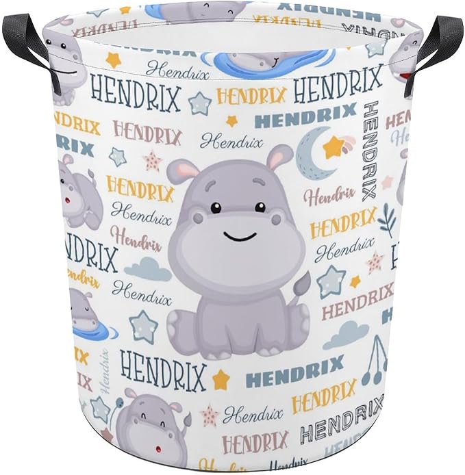 Hippo Laundry Basket,Personalized Laundry Hamper for Boys Girls,Custom Laundry Basket With Name, Customized Dirty Clothes Hamper for Bathroom Bedrooms,S-16.5"X 13.8"
