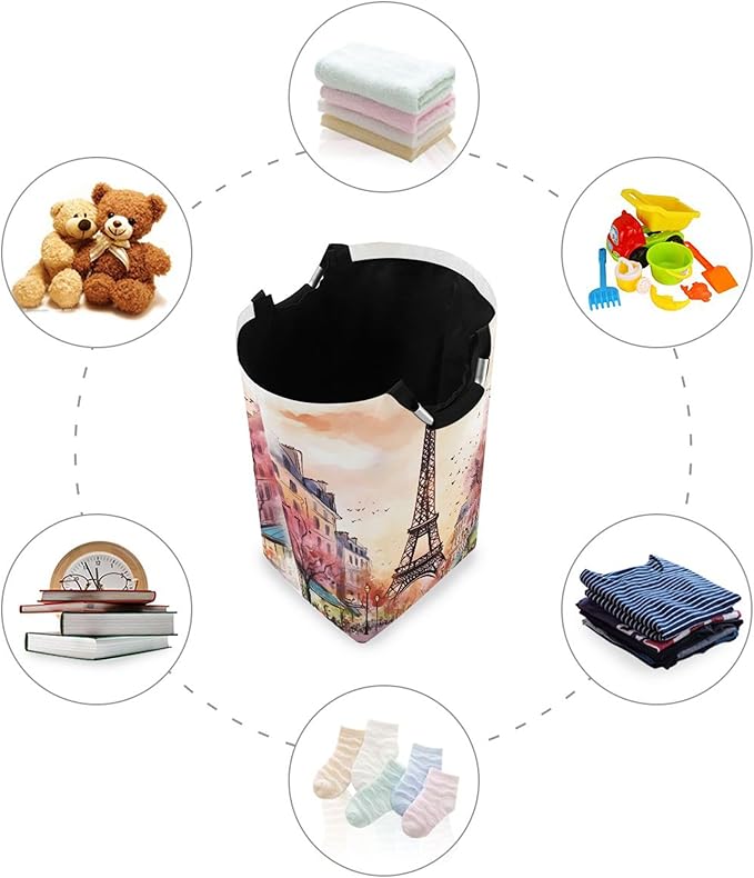 xigua Watercolor Paris Large Laundry Hamper with Handle, Foldable Clothes Hamper Collapsible Storage Basket for Toys and Clothes Organization in Bedroom, Bathroom, and Laundry Room