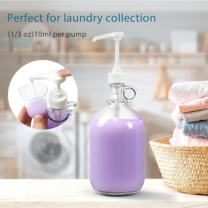 3 Pack Laundry Detergent Dispenser with Pump and Lid, 64 Oz Glass Bottles for Laundry Room Organization and Storage, Fabric Softener Dispenser for Washer