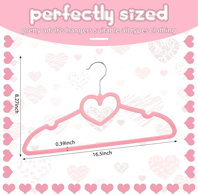 Qunclay 50 Pcs Pink Velvet Heart Hangers, Non-slip Felt Clothes, Heavy Duty Sturdy Heart Clothes Coat Hanger, Cute Kawaii Room Decor for Adult Women, Space Saving with No Hanger Mark, 360° Swivel Hook