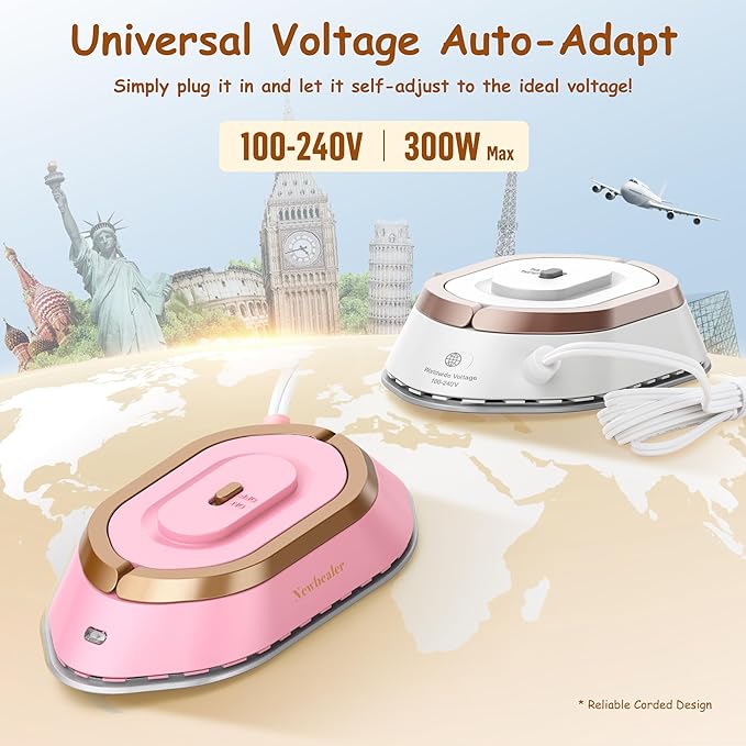 Newbealer Handheld Steamer bundle with Travel Iron for Clothes, Dual Voltage, Powerful Steamer and Dry Iron, Idea Gift