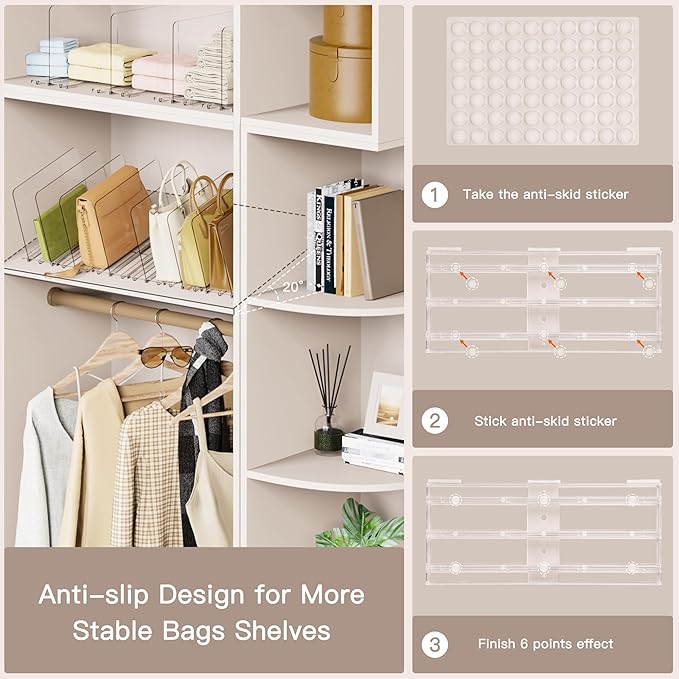 Criusia Adjustable Closet Purse Organizer Rack – 28.8" Extra-Long Shelf Divider with 6 Base Panels & 8 Dividers – Non-Slip Handbag Holder for Bags, Clothes, Kitchen, Office (Pack of 2)