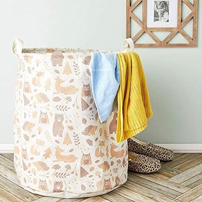 Okuna Outpost Collapsible Woodland Nursery Laundry Hamper - Waterproof Canvas Storage Bin - Easy-Carry Hamper with Lid - Woodland Animal Toy Storage - 15.7 x 15.7 x 19.7 in, Multicolor
