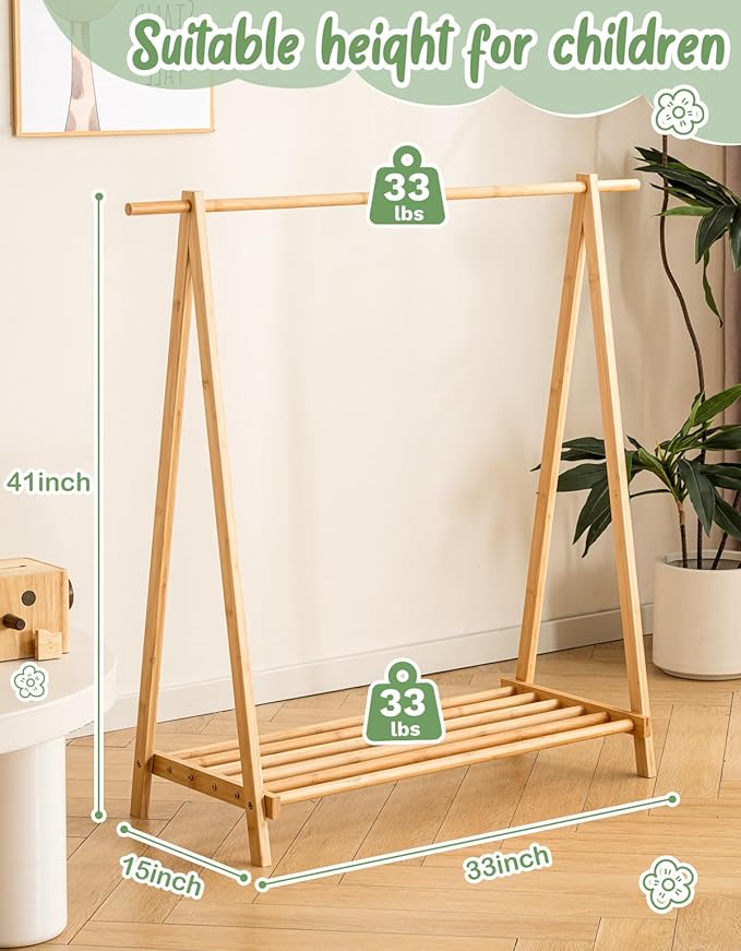 Kids Clothing Rack with Storage Shelf, Kids Dress Up Rack, Dance Costume Garment Rack for Hanging Clothes,Garment Rack for Hanging Clothes Organizer, Bamboo (Natural)