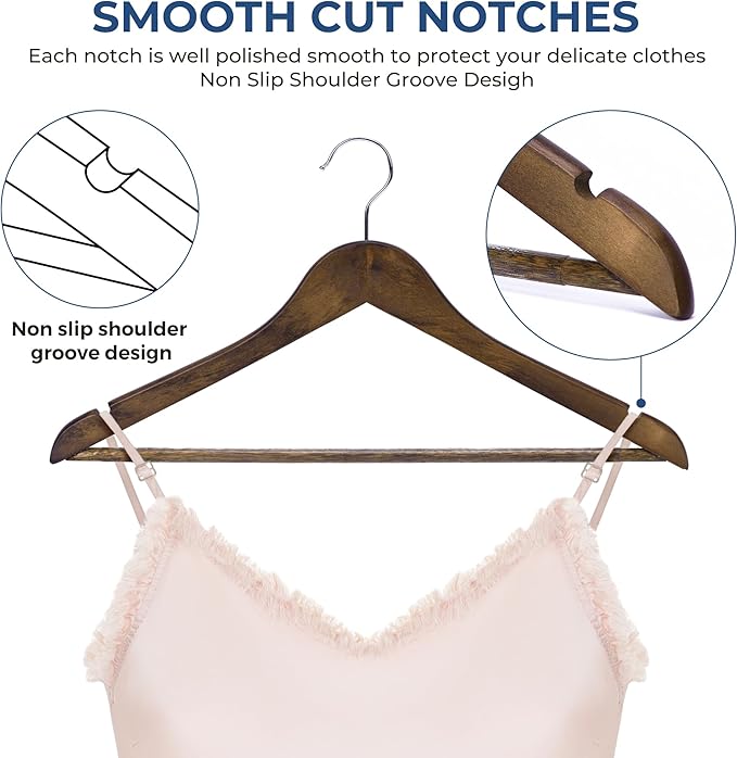 JS Hanger Wooden Coat Hangers, 20 Pack High Grade Wood Suit Hangers with Non Slip Pant Bar - Extra Smooth and Splinter Free Retro Finish