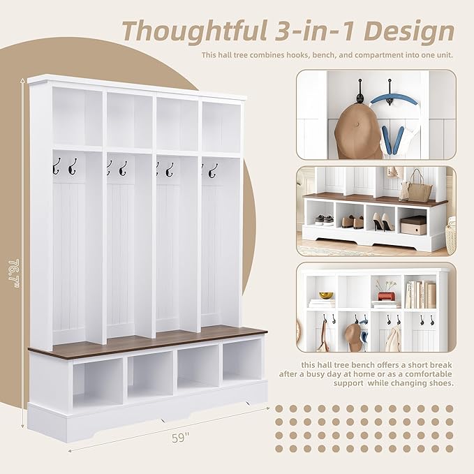 Farmhouse 59" Wide Hall Tree with 8 Hanging Hooks, Wood Grain Bench with Open Compartments, 76.7" H Entryway Shoe Rack Coat Hanger for Living Room Mudroom Hallway (White-8.26)