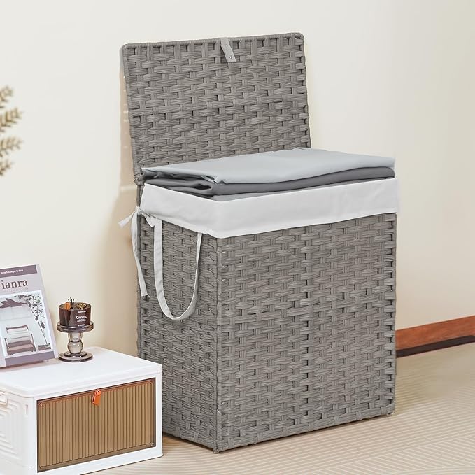 NEWBULIG Foldable Laundry Hamper with Lid, 29.1 Gallon (110L) Large Capacity Clothes Basket, Three Insert Storage Organizer Bin for Bedroom, Bathroom & Laundry Room, Grey