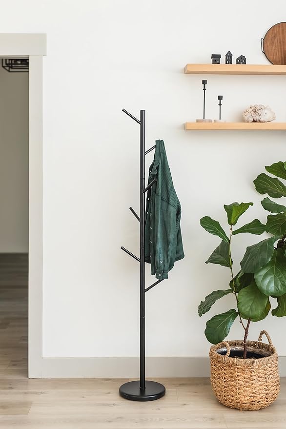 Coat Rack Black Freestanding - Modern Hat and Coat Stand with 6 Hooks - Black Powder-Coated Tubular Steel, Compact 11.0" Base, 66.1" Height for Entryway, Office, or Bedroom Organization