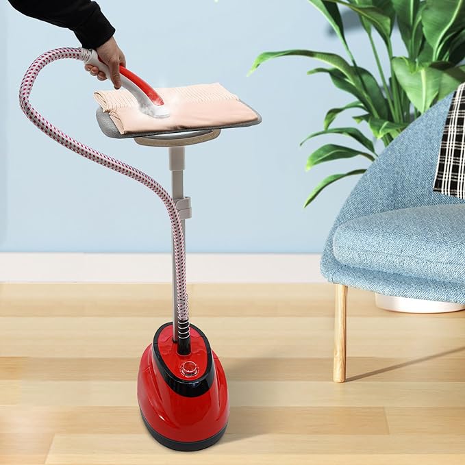 Standing Garment Steamer,Steamer for Clothes,1350W Fabric Steamer Standing Clothes Steamers with Ironing Board, Adjustable Rod & 1.6L/0.42gal Water Tank Wrinkle Remover Heats in 45 Seconds (Red)