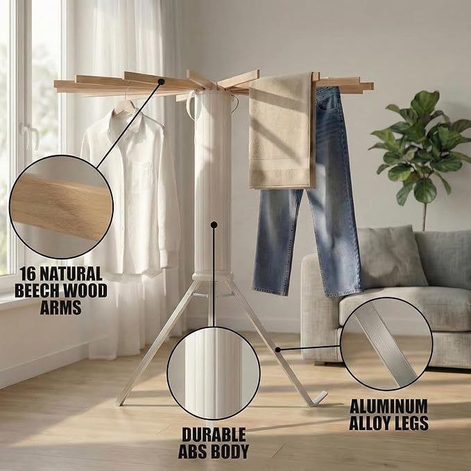 Clothes Drying Rack Foldable, Laundry Drying Rack Clothing with 16 Wooden Rods and 3 Aluminum Legs, Ideal for Versatile Indoor and Outdoor Use in Apartment, RV, Balcony and Bedroom.