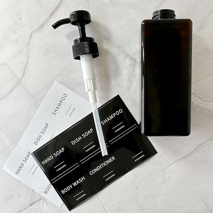Black Soap Dispenser with Waterproof Labels, Thickened Plastic Hand Soap Dispenser for Bathroom, Kitchen Dish Washing Liquid Bottles, Shampoo and Conditioner Bottles with Funnel (16oz 2Pack Black)