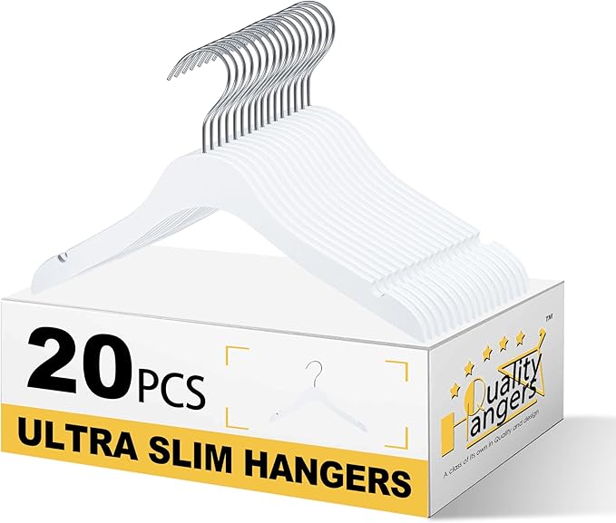 Quality 12-Inch Ultra Slim Kids Wooden Hangers – Multi-Pack – Space Saving White Design with Nickel Swivel Hook – for Baby Clothes, Shirts & Dresses (White, No Bar, 20 Pack)