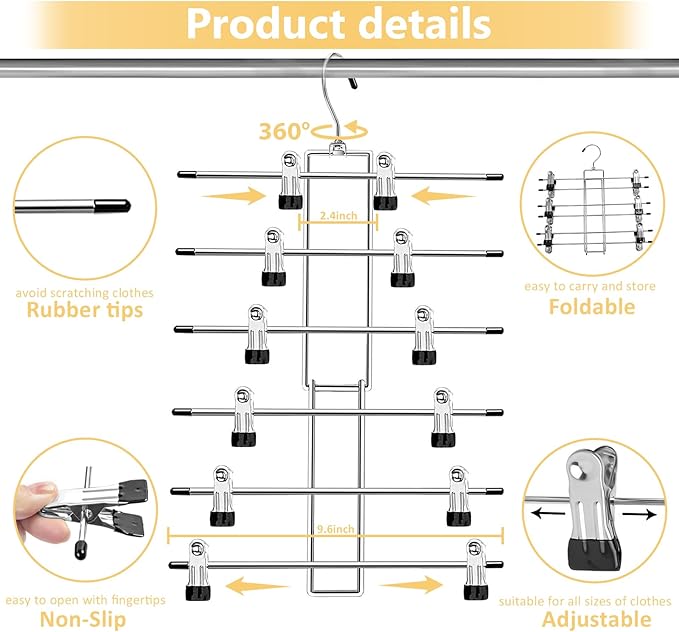 Pants Hangers with Clips, 6 Tier Skirt & Pants Hangers Space Saving,Closet Organizers and Storage Skirt, Clothes & Pants