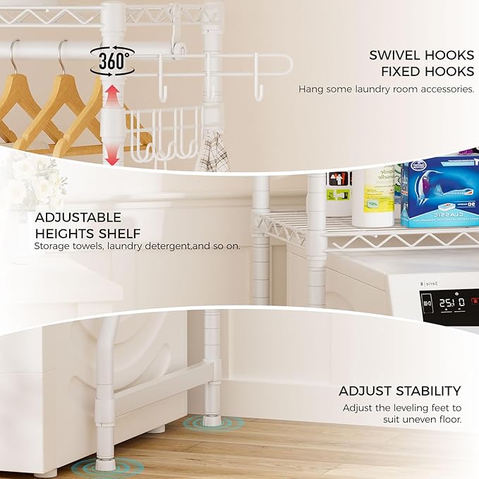Over Washer and Dryer Shelves,2 Tier Adjustable Height Wire Shelving Laundry Room Storage Organization Clothes Drying Rack with Hanger Rod&Hooks,Space Saving Organizers Shelf,White