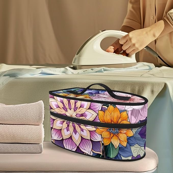 Floral Iron Portable Storage Bag Fits for Home Outdoor Reusable Colorful Clothes Iron Storage Case with Zipper Closure