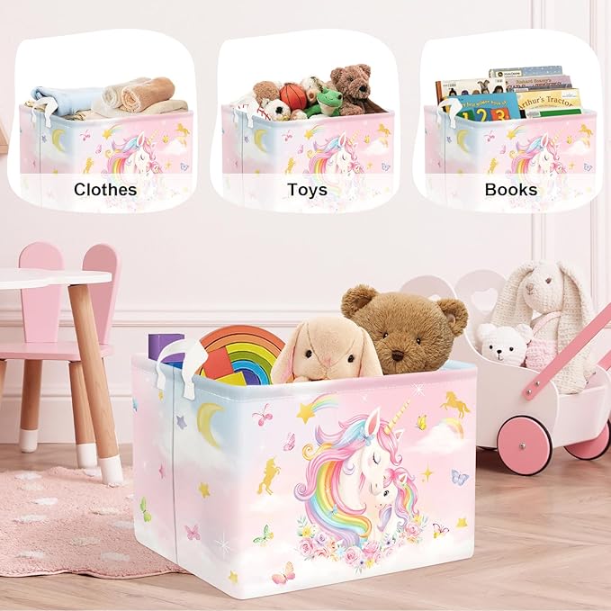 Unicorn Laundry Hamper Large Storage Basket Rainbow Clouds Collapsible Parents Organizer Kids Toy Clothes Bins for Bedroom, Bathroom, Flowers, 36L