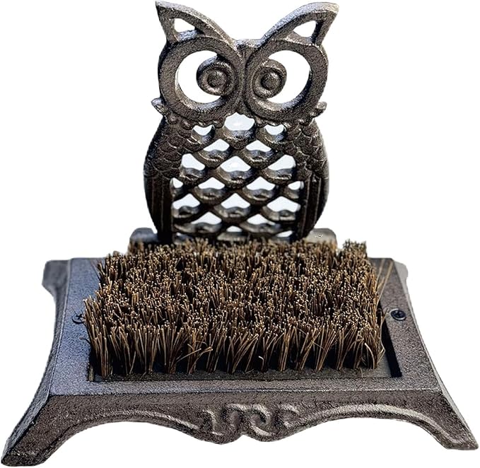 Cast Iron Shoe Brush Owl Shape 7.5 Inch Height Decorative Rust Brown Shoe Scraper and Cleaner for Entryway, Home, Patio HC8298