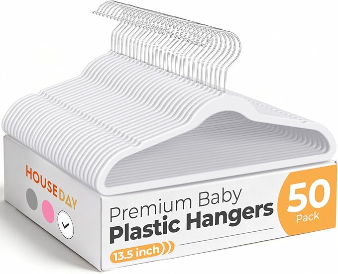 HOUSE DAY 13.5 Inch Kids Hangers 50 Pack - Premium ABS Plastic Clothes Hangers for Kids, Children, Preteens - Space Saving Thin Profile, Strong & Durable Hangers with 360° Swivel Hook - White