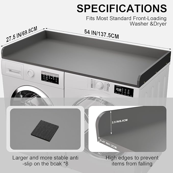 Washer Dryer Countertop, 27.5 x 54 Inch Washer and Dryer Countertop for Laundry Room Organization with Edge Wooden, Grey